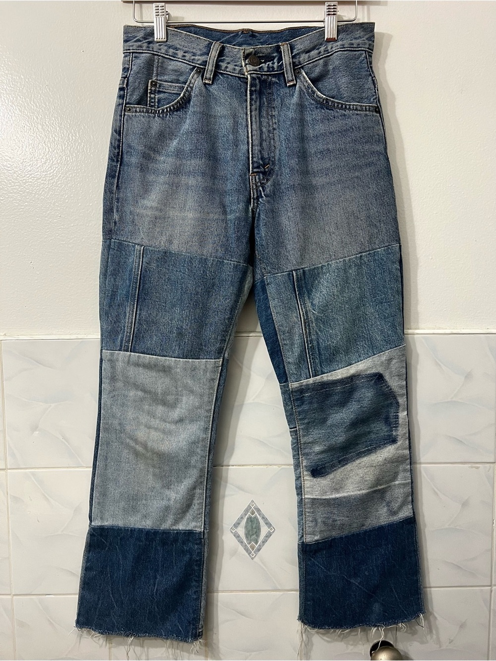 Vtg Levi’s 517 Bootcut Cropped Patchwork Upcycled Raw Hem 26 Jeans 70s Americana